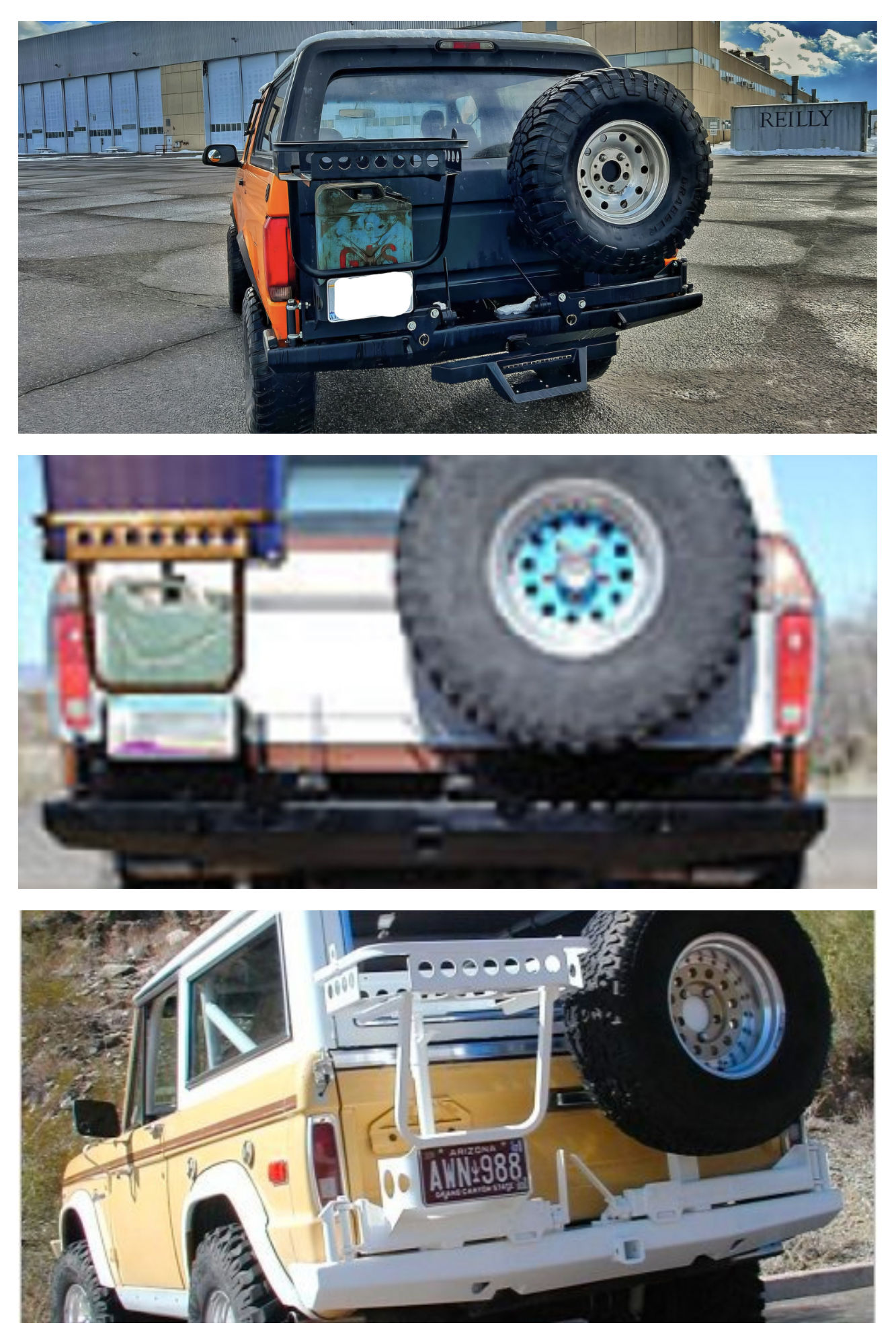 66-77 Bronco, 78-79 Bronco and 80-96 Bronco with ProtoFab Triple Rack Rear Bumper installed.